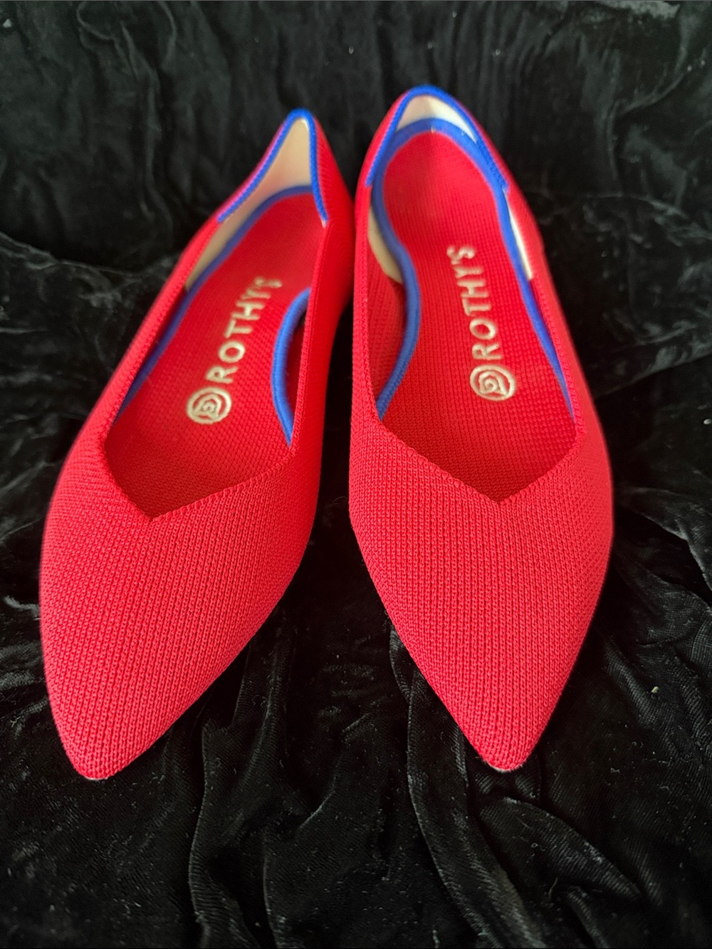 Rothy's Women's Bright Red Pointed Knit Flats with Blue Trim